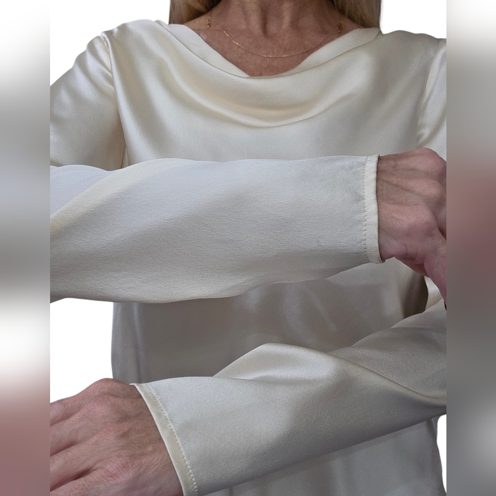 Nordstrom Silk Blouse Size M Ivory Satin Cowl Neck Minimalist Quiet Luxury - Picture 6 of 8